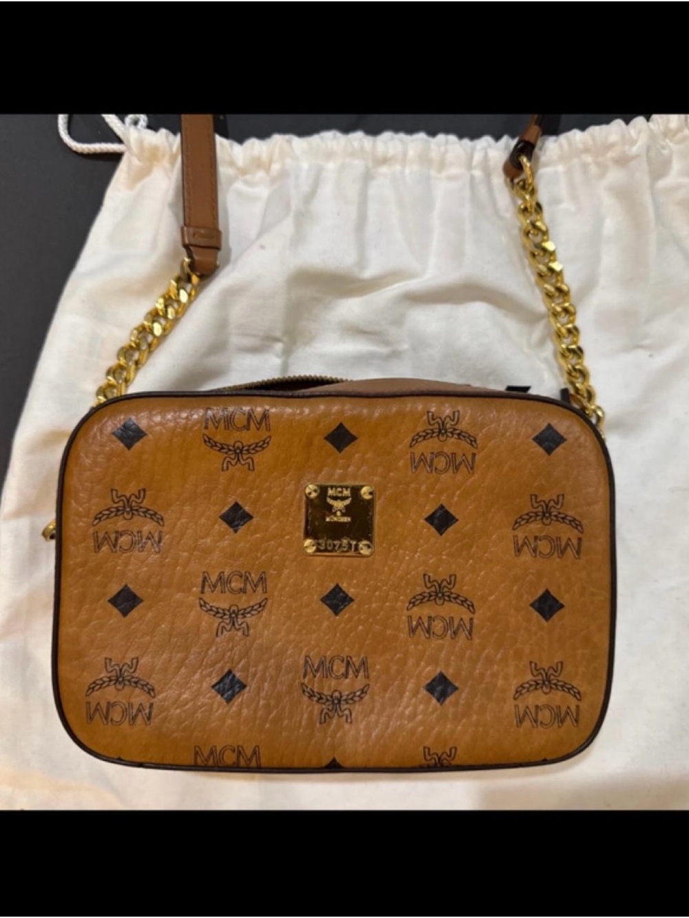 MCM Cognac Visetos Leather Crossbody with Gold Chain